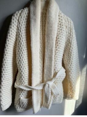 Handmade Knit Cardigan Cream and chunky with Belt